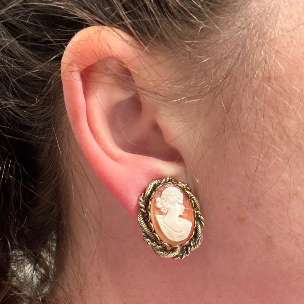 Vintage Cameo Clip-On Earrings | Gold Tone Rope Frame | Shell STYLE Silhouette
